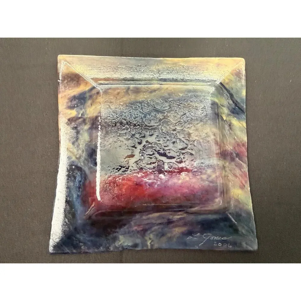 L Jones Signed 2006 Fused Studio Art Glass Plate Purple Gold Abstract Square